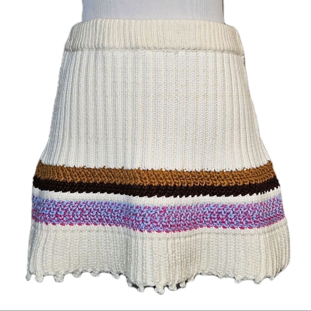 Maeve Anthropologie Cream Thick Cable Knit Multicolor Stripe Cotton Wool Skirt